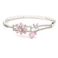 ZENEME Bracelet Rhodium-Plated Silver Toned Flower & Square Pink American Diamond Studded Openable Kada Bracelet For Women and Girls