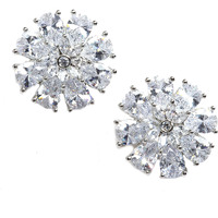 Zeneme Stud Rhodium Plated AD American Diamond Flower-Shaped Earrings Ear Studs Jewellery For Women and Girl (White)