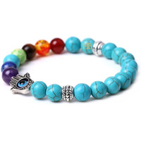 Triple Protection Gemstone Bracelets with Hamsa Hand & Evil Eye Charms - Natural Stones for Balance and Warding Off Negativity. (7 Chakra Turquoise Hamsa Evil Eye Bracelet)