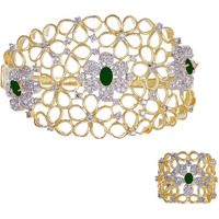 ZENEME Bracelet Gold Plated American Diamond Studded Celebrity Inspired Green Kada Style Bracelet With Ring Jewellery For Girl and Women