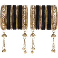 ZENEME Gold-Plated Matte Finish Velvet American Diamond Studded Gold Pearl Tasselled Bangles Set Of 56 For Girls and Women (Black, 2.8)