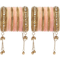ZENEME Gold-Plated Matte Finish Velvet American Diamond Studded Gold Pearl Tasselled Bangles Set Of 56 For Girls and Women (Peach, 2.8)