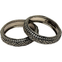 ZENEME Bangle Gold Plated American Studded Royal Style Broad Golden Antique Kada Bangle Jewellery Combo Of 2 For Girls & Women (Black, 2.4)