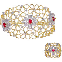 ZENEME Bracelet Gold Plated American Diamond Studded Celebrity Inspired Red Kada Style Bracelet With Ring Jewellery For Girl and Women