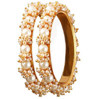 JFL - Jewellery for Less Latest Gold Plated Cluster Pearl and White Color Beads Bangle Set (set of 2).