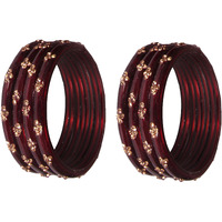 NMII Glass with Zircon Gemstone Or Beads Studded worked Glossy Finished Kada Set For Women and Girls, (Maroon_2.4 Inches), Pack Of 8 Kada Set