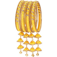 NMII Metal & Silk Thread Jhumka Zircon Latkan Stylish Bangles Set For Womens and Girls | Womens Fancy Latkan Bangles Set | Ethnic Fashion Jewellery- Set of 12 Bangle, (G405_Yellow-2.6)