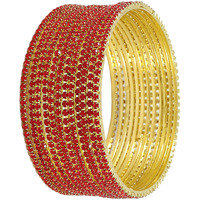 ZULKA Non-Precious Metal Base Metal with Zircon Gemstone Studded worked Glossy Finished Bangle Set For Women and Girls, (Red_2.2 Inches), Pack Of 12 Bangle Set