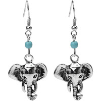 Young & Forever Gift Oxidised Silver Black Metal Brass and Turquoise Magnesite Stone Hanging Good Luck Elephant Face Fancy Drop Earrings for Women/Girls (Blue)