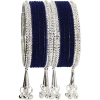 NMII Metal with Zircon Gemstone and Velvet Studded Bells Latkan Bangles Set For Girls and Women I Latkan Bangles, Premium Bangle Bracelet Set (Silver-Blue-2.8 Inches), Pack Of 16