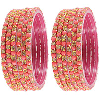 NMII Zircon Gemstone with Heart Shaped Beads and Golden Colour Balls Studded Glossy Finished Glass Kada Set For Women and Girls, (Watermelon_2.8 Inches), Pack of 12 Kada Set