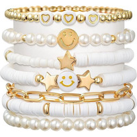 ginoya brothers Preppy Bracelets Set Colorful Star Evil Eye Beaded Clay Pearl Stackable Charm Kid core Summer Beach Bohemian Layering Bracelets Jewelry for Women Girls Teens. (WHITE)