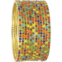 ZULKA Non-Precious Metal with Base Metal and Zircon Gemstone Studded Premium and Traditional Glossy Finished Sleek Bangle set for Women and Girls, (Golden-Multi_2.6 Inches), Pack Of 12 Bangles