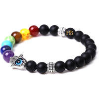 Triple Protection Gemstone Bracelets with Hamsa Hand & Evil Eye Charms - Natural Stones for Balance and Warding Off Negativity. (7 Chakra Onyx Hamsa Evil Eye Bracelet)