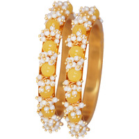 JFL - Jewellery for Less Womens Fashion Gold Plated Cluster Pearl Beads Bangle Set (Dark Yellow),Valentine