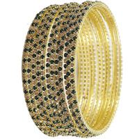 ZULKA Non-Precious Metal Base Metal with Zircon Gemstone Studded worked Glossy Finished Bangle Set For Women and Girls, (Green-Golden_2.6 Inches), Pack Of 12 Bangle Set