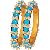 JFL - Jewellery for Less Womens Fashion Gold Plated Cluster Pearl and Dark Sky Blue Colour Beads Bangle Set,Valentine