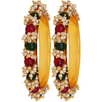 JFL - Jewellery for Less Fashion Gold Plated Cluster Pearl and Red & Green Color Beads Bangle Set (set of 2),Valentine