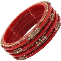 ZULKA Glass with Zircon Gemstone Or Spread with Glitter Pattern and Linked with Chain Glossy Finished Kada Set For Women and Girls, (Tamatri_2.6 Inches), Pack Of 4 Kada Set