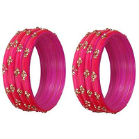 NMII Glass with Zircon Gemstone Or Beads Studded worked Glossy Finished Kada Set For Women and Girls, (Magenta1_2.4 Inches), Pack Of 8 Kada Set
