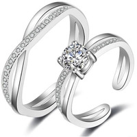 Karatcart Silver Platinum Plated Crystal Adjustable Solitare Couple Ring For Mens And Womens
