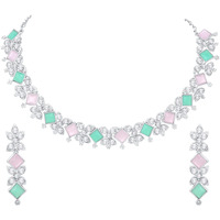 Atasi International Crystal Necklace Jewellery Set with Earrings for Women & Girls - Ideal for Party, Wedding, Festive (Silver Plated Mint Pink and Green)
