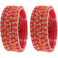 NMII Zircon Gemstone with Heart Shaped Beads and Golden Colour Balls Studded Glossy Finished Glass Kada Set For Women and Girls, (Red_2.8 Inches), Pack of 12 Kada Set