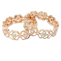 ZENEME Set of 2 Rose Gold-Plated Lime Green & Pink Artificial Stones studded Bangles for Women & Girls (2.4) (Style_02, 2.8 Inches)