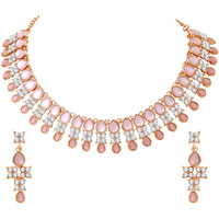 Atasi International Rose Gold Plated Pastel Pink Monlisa Stone Necklace with Earrings for Women - Jewellery Set for Party, Wedding Collection (RGMM5709)