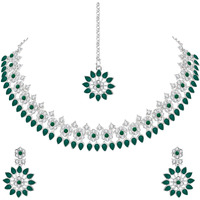 Atasi International Silver Green Crystals Jewellery Set with Earrings and Maang Tikka for Women - Suited for Party, Wedding, Engagement (RDG5744)