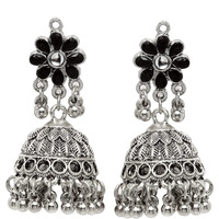 Karatcart Floral Shaped Tribal Collection Traditional Indian Antique Oxidised Silver Stylish Afghan Jhumka Jhumki Earrings for Women Girls