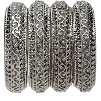 ZENEME Set Of 4 Oxidised Silver-Plated Classic Intricate Textured Bangles Jewellery Set for Girls and Women (Silver Toned, 2.4) (Silver, 2.6)