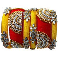 IJYA Sihan Handicrafts Kundan Work Silk Thread Bangle Kada For Women Girls 6 PC Set Wedding & Festive Occasion Handmade Multicolored Chudi Stone Studded (Red Yellow, 2.4)
