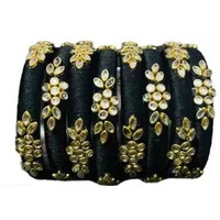 Rajshyama Handicrafts Silk Thread Bangle Kada For Women Girls 8 PC Set Wedding & Festive Occasion Handmade Multicolored Chura Chuda Chudi Stone Studded (BLACK, 2.6)