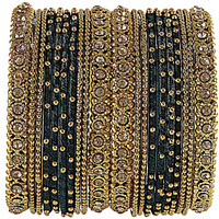 NMII Non Precious Metal and Thread With Zircon Gemstone Bangle Set For Women/Girls, Pack Of 20 Bangles (2.2_Inch, Dark Green)
