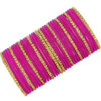 NMII Stylish Glass & Golden Beads Velvet Bangle Set For Women and Girls | Fancy Womens Bangles | Traditional Chudi Set, (F133_Guddan-(3)-Magenta-2.2 Inches)