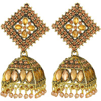Fashion Frill Stunning Earrings For Women Beige Floral Design Gold Plated Cubic Zirconia Jhumka Earrings For Women Girls