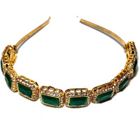 Pinoozclub Kundan Gold Plated Hair Band for Women and Girls/Bride (Green Stone)