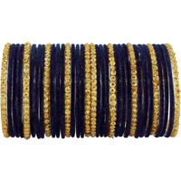 NMII Stylish Glass & Golden Beads Velvet Bangle Set For Women and Girls | Fancy Womens Bangles | Traditional Chudi Set, (F133_Guddan-(3)-DarkBlue-2.6 Inches)