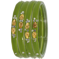 NMII Glass with Zircon Gemstone and Beads Studded Glossy Finished Kada For Women and Girls, Pack of 4, (TGreen_2.4 Inches)
