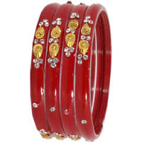 NMII Glass with Zircon Gemstone and Beads Studded Glossy Finished Kada For Women and Girls, Pack of 4, (TRed_2.2 Inches)