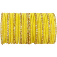 NMII Stylish Glass & Golden Beads Velvet Bangle Set For Women and Girls | Fancy Womens Bangles | Traditional Chudi Set, (F133_Guddan-(3)-Yellow-2.6 Inches)