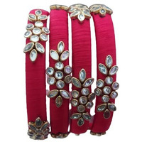 IJYA Sihan Handicrafts Kundan Work Silk Thread Bangle Kada For Women Girls 4 PC Set Wedding & Festive Occasion Handmade Multicolored Chura Chuda Chudi Stone Studded (RED, 2.4)