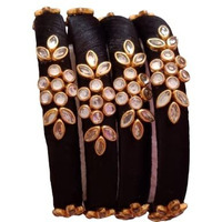 IJYA Sihan Handicrafts Kundan Work Silk Thread Bangle Kada For Women Girls 4 PC Set Wedding & Festive Occasion Handmade Multicolored Chura Chuda Chudi Stone Studded (BLACK, 2.4)