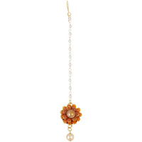 Zeneme Jewellery Floral Style Attractive Gold Plated Maang-Tikka with Pearls for Girls and Women (Orange)