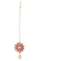 Zeneme Jewellery Flower Style Exclusive Cute Gold Plated Maang Tikka (Pink)