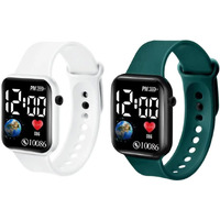 Zovuta Square Shape Dial Colorful Smart Looking Digital led Combo Watch For Kids Baby Boys and Girls- Fully Waterproof Sportswatch Display- Best Gift for Diwali and Birthday-Date and Time Function Only (For Age 4-15 Years) - (Combo, White & Green)