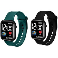 Zovuta Square Shape Dial Colorful Smart Looking Digital led Combo Watch For Kids Baby Boys and Girls- Fully Waterproof Sportswatch Display- Best Gift for Diwali and Birthday-Date and Time Function Only (For Age 4-15 Years) - (Combo, Green & Black)