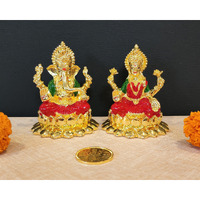 Gold Art India Gold Plated Kamal Laxmi Ganesha with Enamel Color with gold plated coin | Diwali & Festival Gift Set (KAMALLAXGANGOLDENAMEL4INCH)