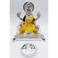 Gold Art India Silver Plated pata laxmi Ganesha Idol with Yellow Enamel Terracotta Work with Silver Plated Coin for Diwali Laxmi poojan Diwali Pooja Gifting 3.5 Inches